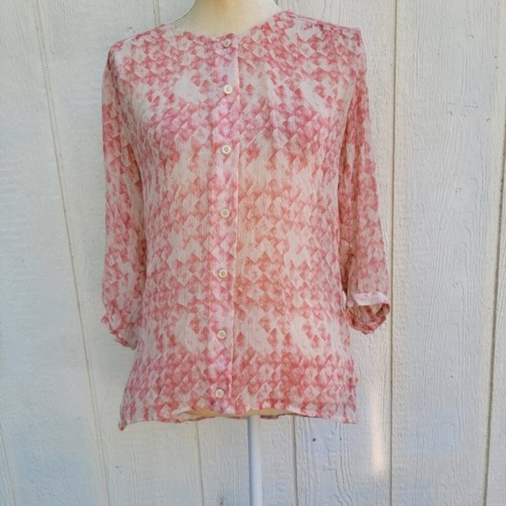 CAbi #756 Emerson 100% Silk Blouse Sheer Peach 3/4 Sleeve Button Up size small.